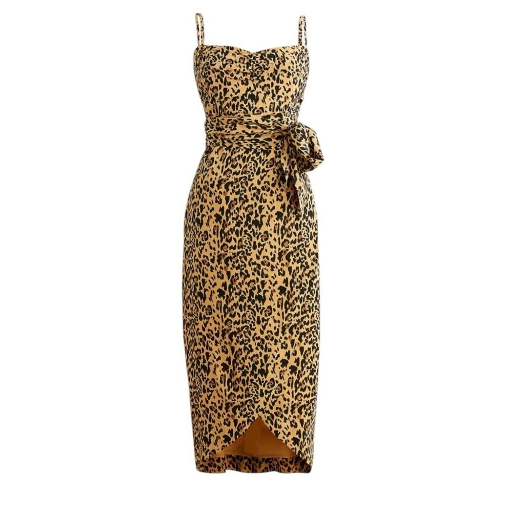 J. Crew NWOTS Silk Leopard Bow Waist Midi Dress size 10 Cheetah Animal Print